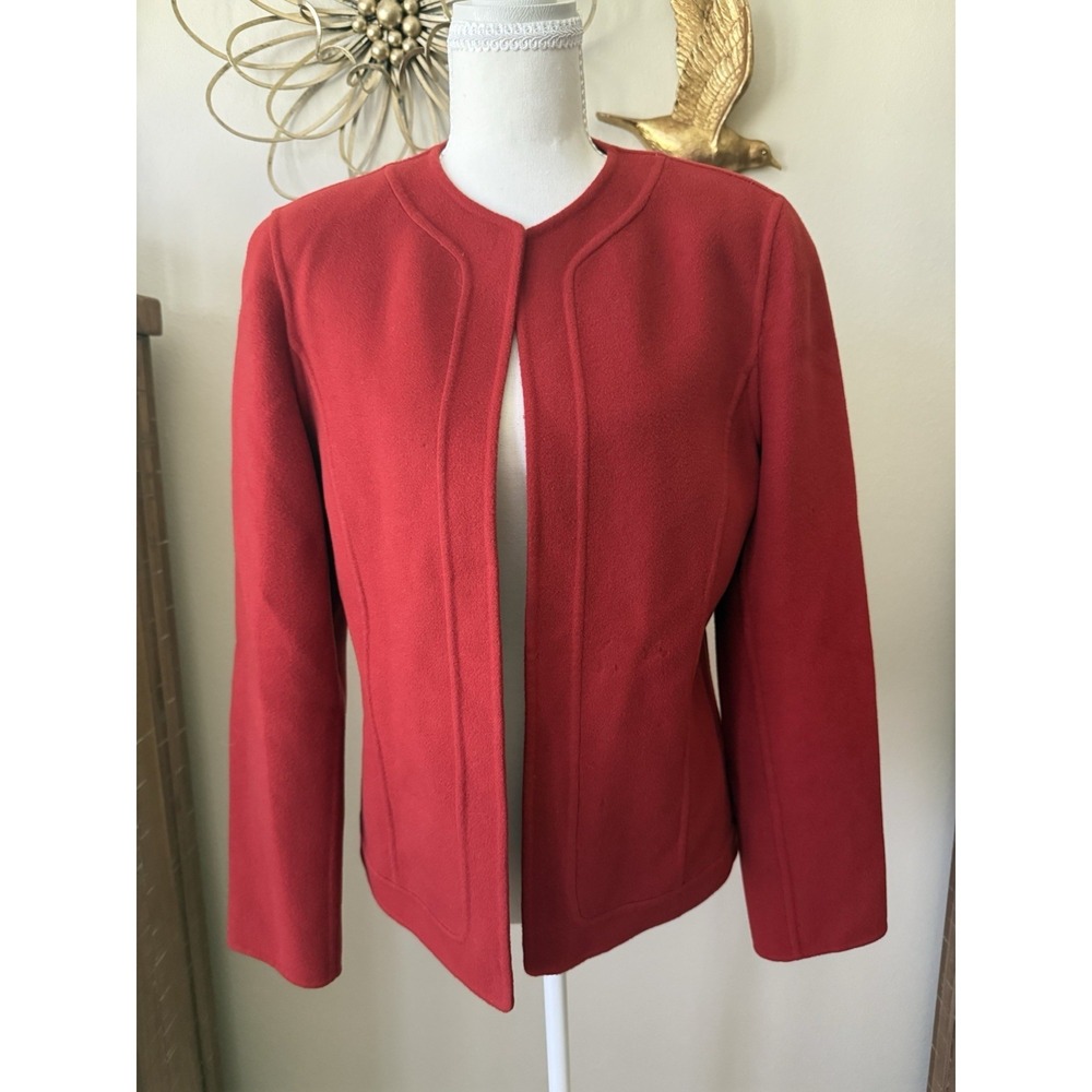 Linda Allard Ellen Tracy Red 100% Wool Open Front Jacket Blazer Size 4